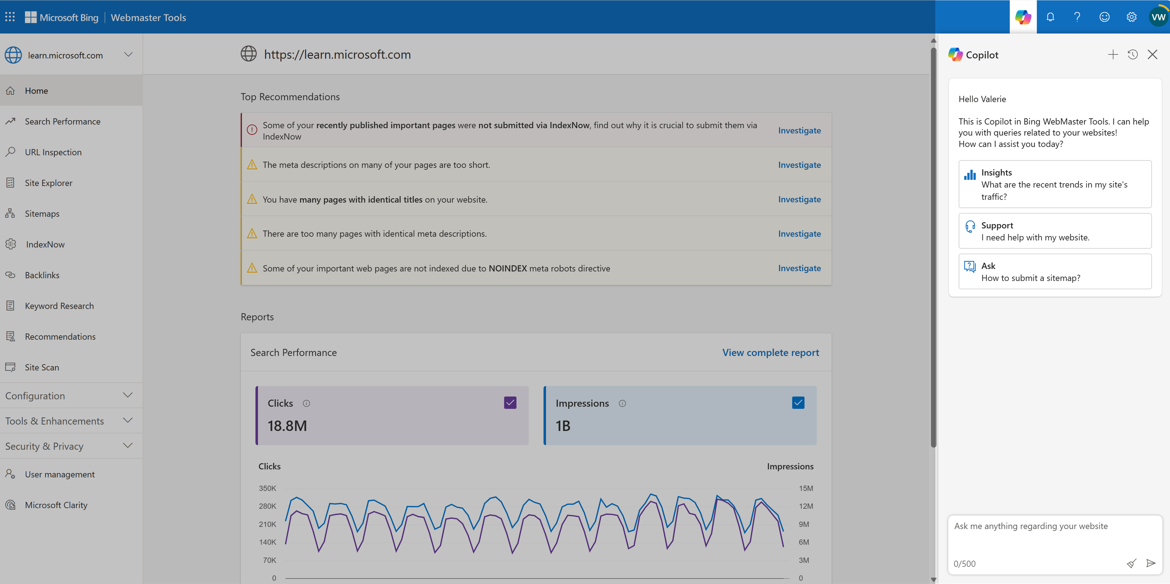 Bing Webmaster Tools Arayüzü